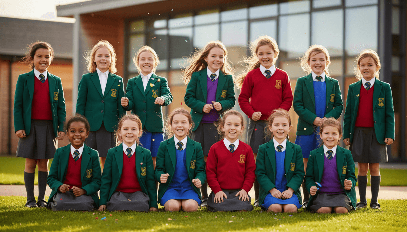 Group of diverse school children in uniform smiling outdoors during golden hour photography session