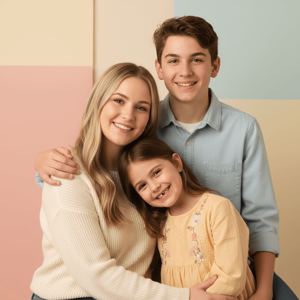 Three siblings posed together against soft pastel backdrop with warm expressions