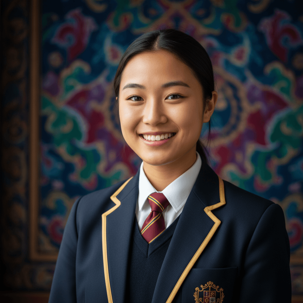 Student portrait against vibrant jewel-tone backdrop smiling at camera