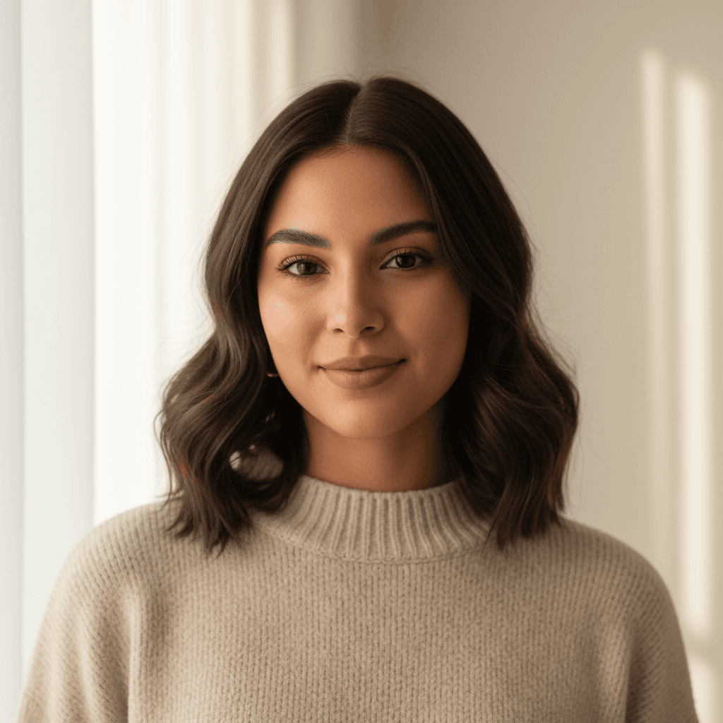 Woman with warm skin tone in neutral cream sweater, soft window-lit close-up portrait with confident expression and natural makeup