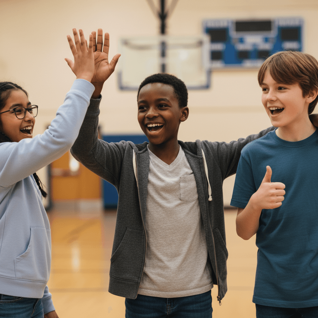 Diverse middle school students celebrating together with genuine smiles, high-fives, and expressions of joy and achievement
