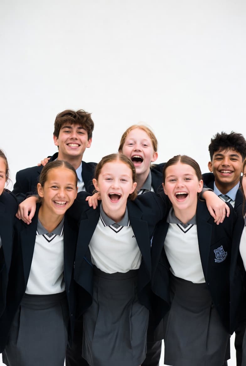 Diverse students in school uniforms laughing with arms around each other against a white background.